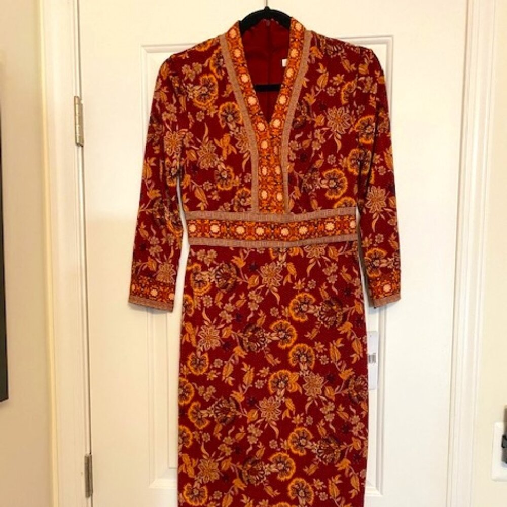 NWT Women's London Times 3/4 Sleeve Midi Dress in Red/Orange Asian Print Sz 4